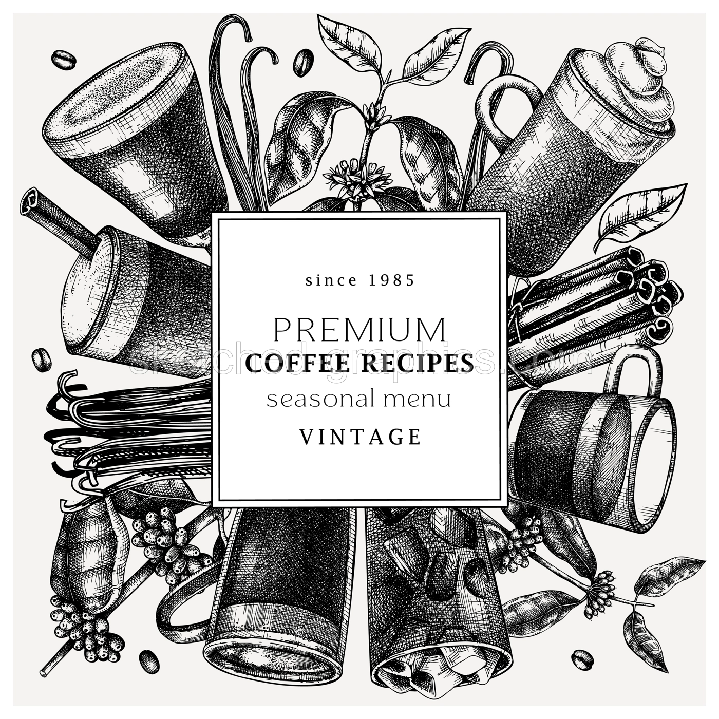 Hand-sketched coffee wreath design on chalkboard. Vector sketches of mugs with aromatic caffeine drinks. With coffee plants, leaves and beans in vintage style. Vector beverages template Illustration
